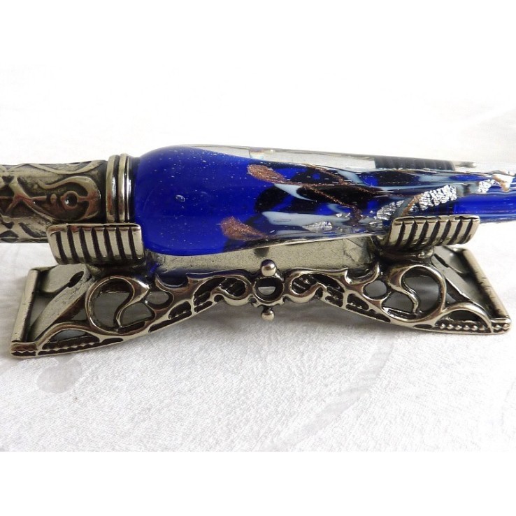 Penna per calligrafia in vetro foglia argento con portapenne